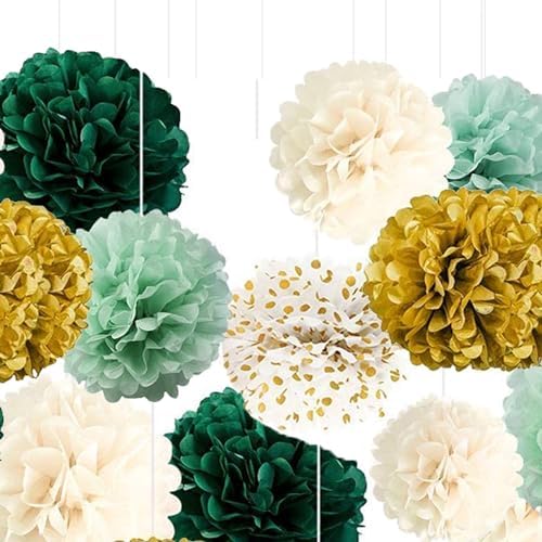 Green Gradient Gold Dot Paper Pom Poms Pack of 12