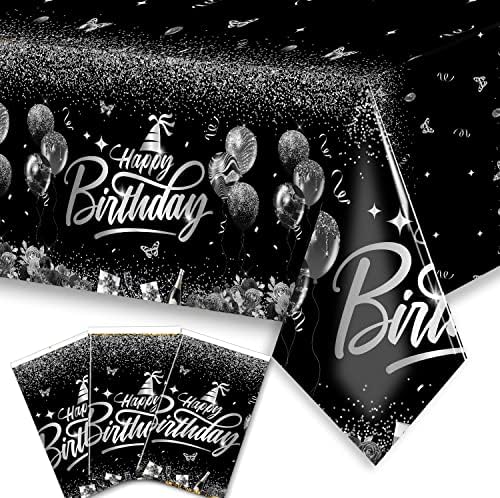 Happy Birthday Decorations 3pcs Silver Black Tablecloth