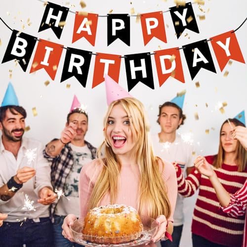 Happy Birthday Banner Sign Black and Red Party Decor