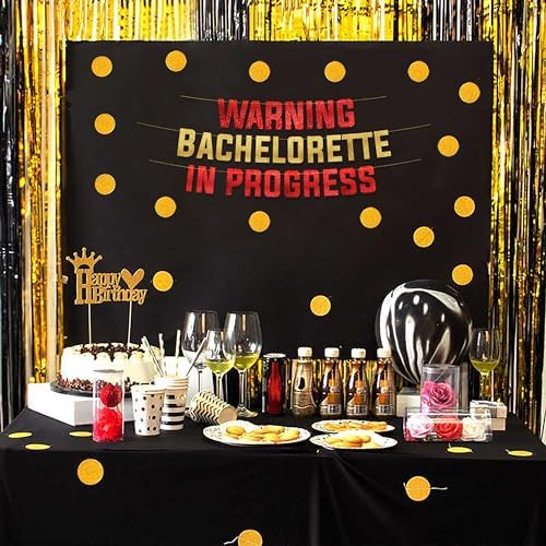 Warning Bachelorette in Progress Red Gold Glitter Banner