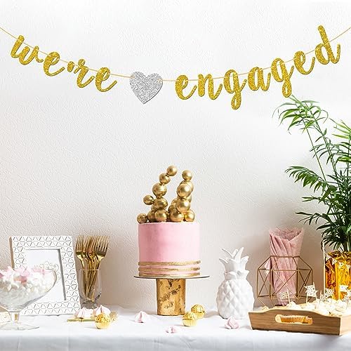 Were Engaged Banner Gold Glitter Engagement Party Decor