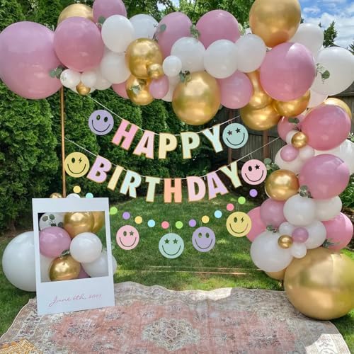 Danadia Pastel Birthday Banner with Smiley Face and Circle Dot Garland