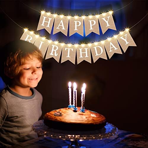 Breling 2 Piece Burlap Birthday Banner with LED Lights Decor