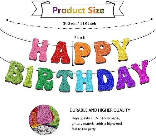 Pre-Strung Rainbow Happy Birthday Banner - Glitter Garland Decor