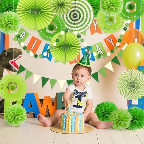 Green Party Decorations with Hanging Fan Pom Poms Garland Pennant