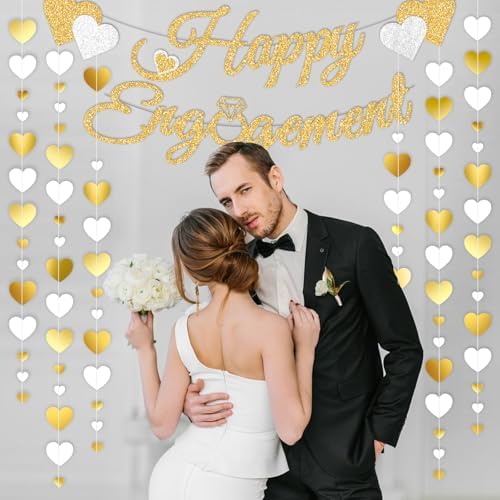 Pre-Strung Glitter Happy Engagement Banner with Heart Garland