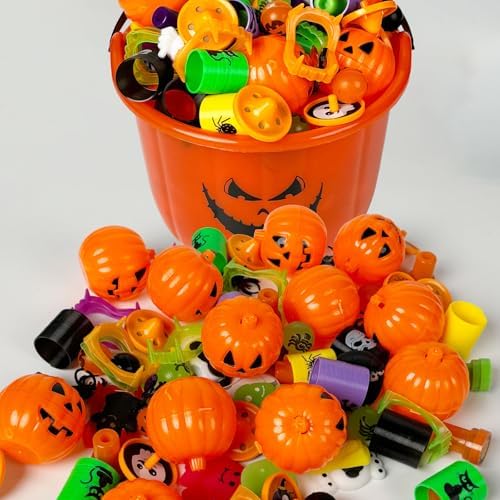 Novelinks Halloween Party Favors 96PCS Plastic Pumpkin Bucket Toys Set