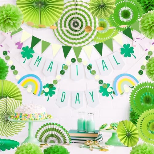 Green Party Decorations with Hanging Fan Pom Poms Garland Pennant