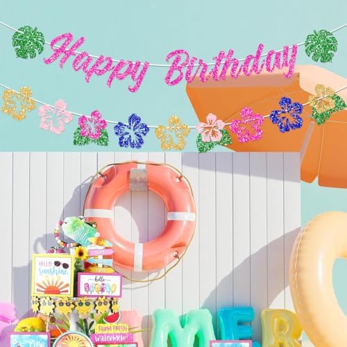 Hawaiian Happy Birthday Banner Decorations Glitter Luau Party