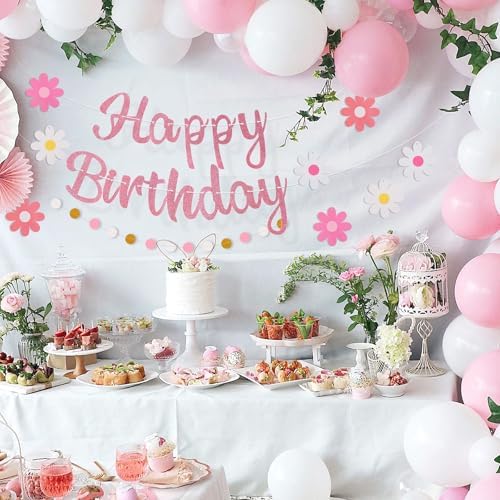 Pink Birthday Banner with Flowers and Garland