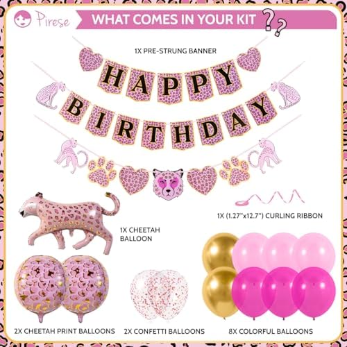 Pink Cheetah Birthday Banner with Decorations