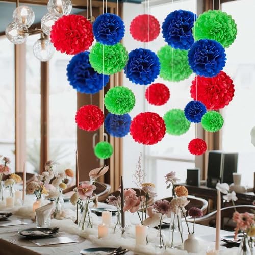 Blue Green Red Tissue Paper Pom Poms Flower Set 27PCS