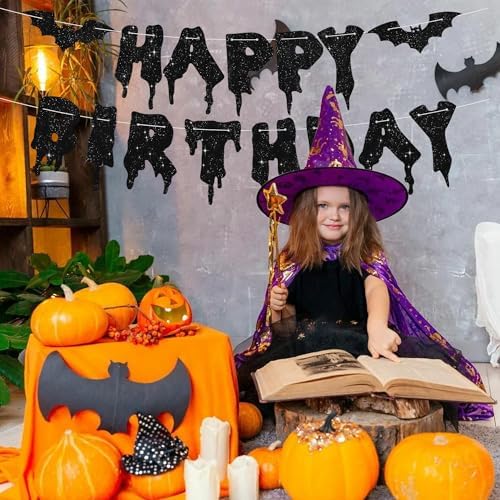 Glitter Black Halloween Birthday Party Banner Decorations
