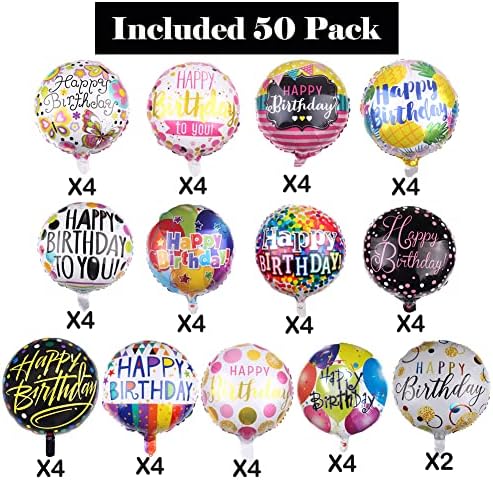 50 Piece Happy Birthday Foil Balloons Set with 12 Designs