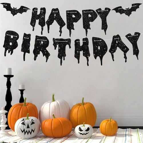 Glitter Black Halloween Birthday Party Banner Decorations