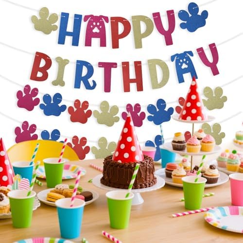 Dog Paw Birthday Banner with Letters and Cartoon Design