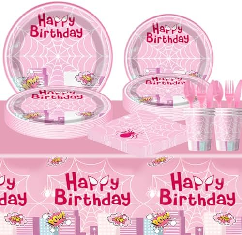 OU RUI 81 Pcs Pink Spider Party Tableware Set