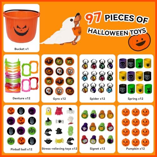 Novelinks Halloween Party Favors 96PCS Plastic Pumpkin Bucket Toys Set