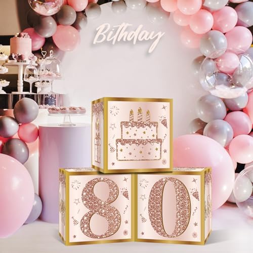 3Pcs Pink Rose Gold 80th Birthday Balloon Boxes Party Decor