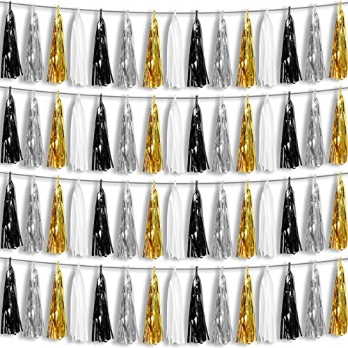4P Black Gold Silver Foil Fringe Tassel Garland Decorations