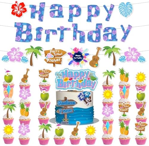 Hawaii Party Decor Kit with Birthday Banners and Cupcake Toppers
