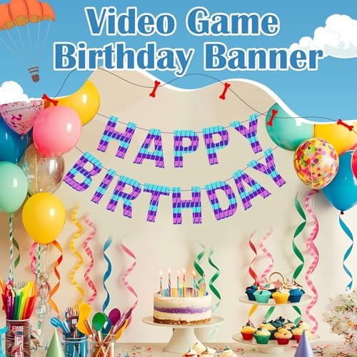 Video Game Birthday Banner Blue Purple Pre-Strung Party Decoration