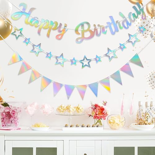 CANREVEL 3 PCS Iridescent Birthday Banners Set