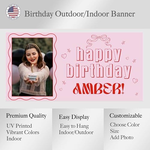 Customized Photo Name Birthday Banner - Pink Red