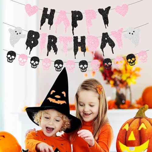 Pink Glitter Halloween Birthday Banner with Skull Heart Design