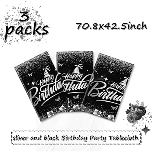 Happy Birthday Decorations 3pcs Silver Black Tablecloth