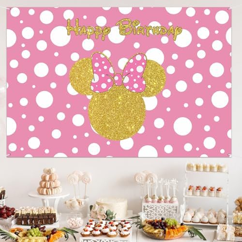 Happy Birthday Mouse Girl Themed Backdrop Pink Cartoon Party Decorations