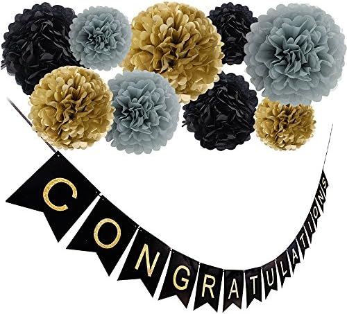 Congratulations Banner Garland Bunting with 12 Black Gold Grey Tissue Pom Poms