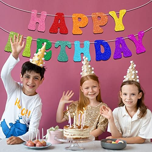 Pre-Strung Rainbow Happy Birthday Banner - Glitter Garland Decor