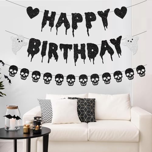 Black Glitter Halloween Birthday Banner with Skull and Heart