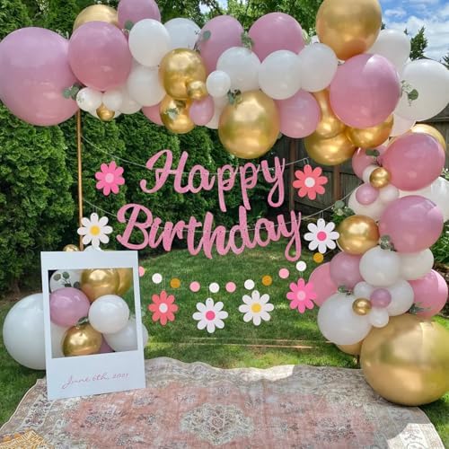 Pink Birthday Banner with Flowers and Garland