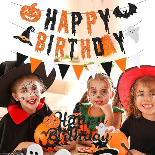Glitter Halloween Birthday Banner with Cake Toppers