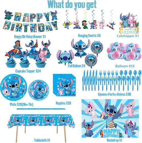 Stitch Themed Birthday Party Supplies Set 123 Pieces Blue