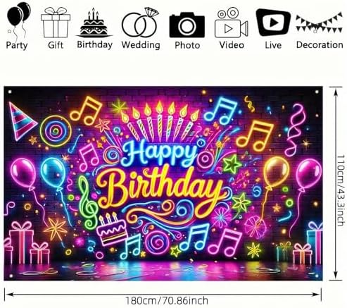 Neon Birthday Banner 71x43 Inch Glow in the Dark Photo Backdrop