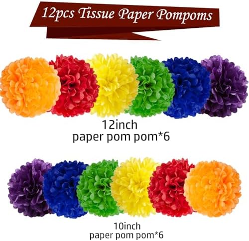 Rainbow Tissue Paper Pom Poms 12 Pcs Party Decor Set