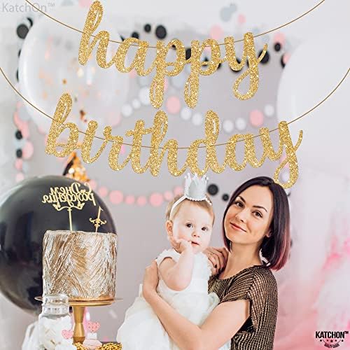 KatchOn Gold Happy Birthday Banner 10 Feet Pre-Strung