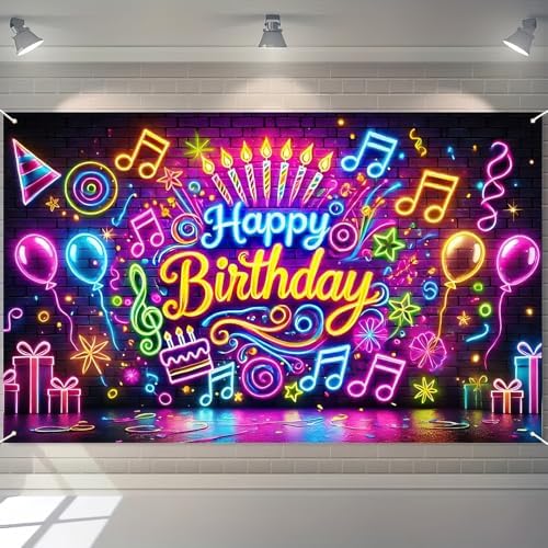 Neon Birthday Banner 71x43 Inch Glow in the Dark Photo Backdrop
