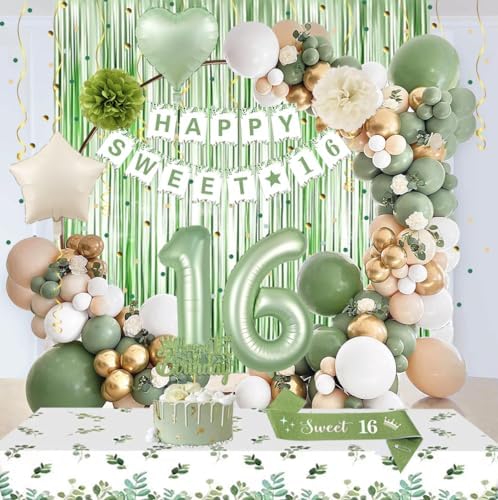 Sweet 16 Birthday Decorations Set Green Gold