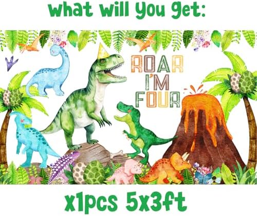 Dinosaur 4th Birthday Decorations Banner Backdrop