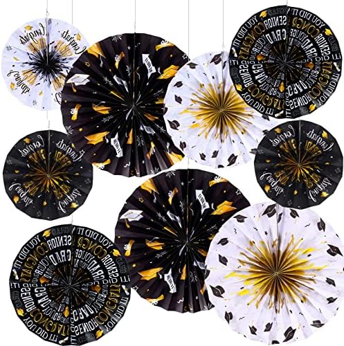 Outus 9 Pcs Graduation Party Decorations Black and Gold Fans