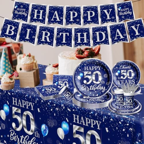 50th Birthday Tableware Set with Blue and Silver Decorations