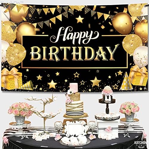 KatchOn Happy Birthday Banner Black and Gold Large 72x44 Inch
