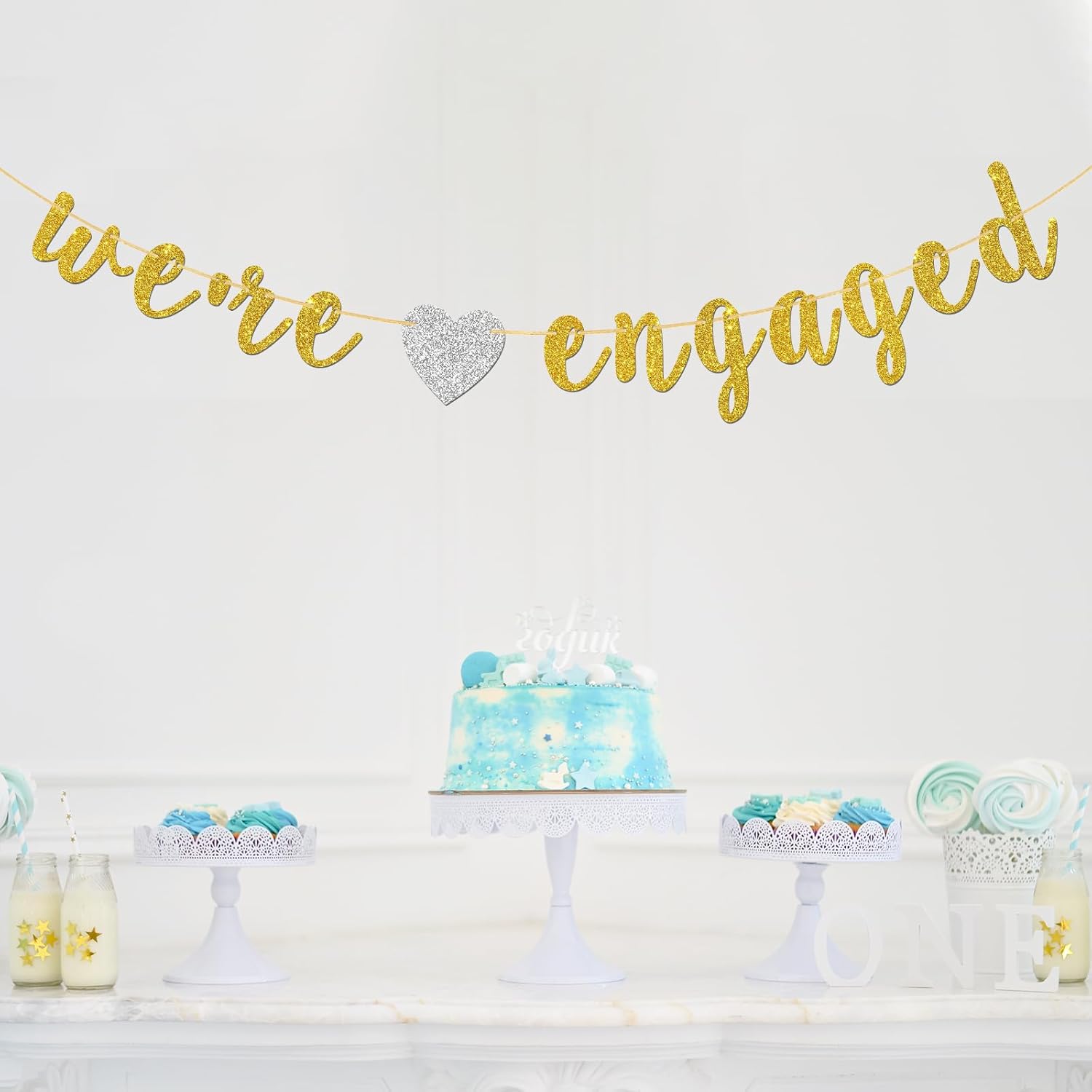 Were Engaged Banner Gold Glitter Engagement Party Decor