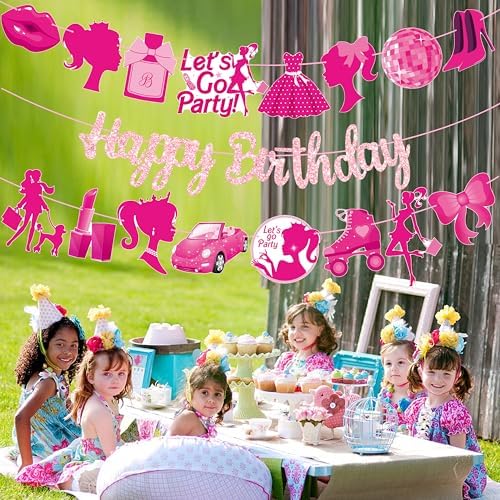 3 Pcs Hot Pink Girl Birthday Banners Decorations