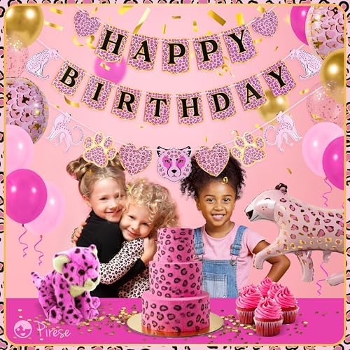Pink Cheetah Birthday Banner with Decorations