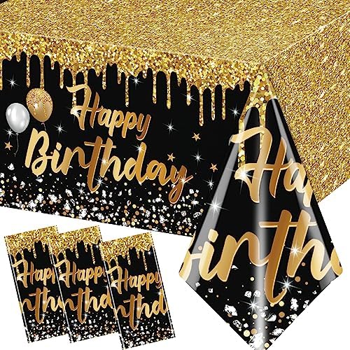 Happy Birthday Tablecloths 3pcs Black and Gold Glitter